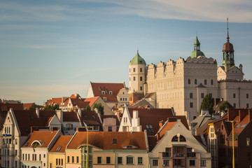 Red roofs of houses and white castle with towers with green roofs - obrazy, fototapety, plakaty