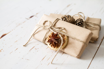 Christmas presents in rustic wrap