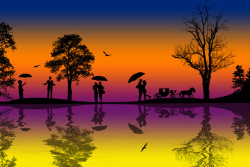 Beautiful landscape and people silhouette