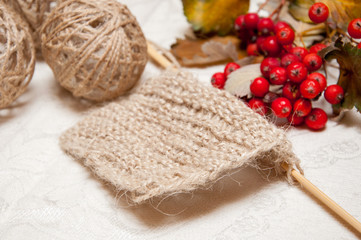 Fototapeta na wymiar knitting beige and red berries
