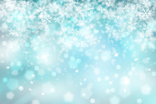 Blurry cyan color abstract snowflake with sparkle Christmas illustration background. Copy space background.