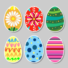 Painted flat design Easter eggs. Six versions - flower, pussy willow, strips, dots and children's drawing. Vector illustration.