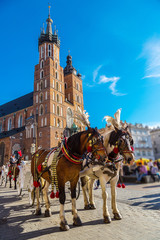 Fototapeta Horse carriages at main square in Krakow obraz