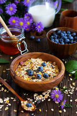 Healthy breakfast of granola with blueberries and nuts and milk. .