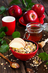 Granola, apples, raspberries,