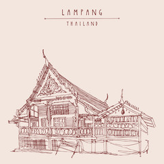 A temple building in Lampang, Thailand, Asia. Vintage hand drawn touristic postcard, poster, calendar or book illustration