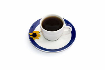 cup of coffee on a saucer with a blue border and a floret, isola
