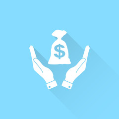 Obraz premium Money bag in hand vector icon. Hand holds cash bag in dollars symbol. Money insurance sign.