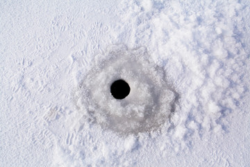 ice hole in frozen lake