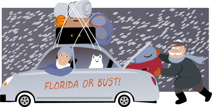 Senior couple with a dog packing a car under the snow and moving to Florida, EPS 8 vector illustration, no transparencies
