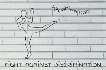 person kicking and boxing the word discrimination