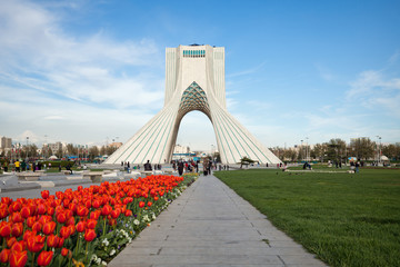 Spring in Tehran with Red Tulips in Front of Azadi Monument
