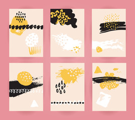 Set of trendy abstract backgrounds. Flyer and cards templates with ink spots and stains, marker strokes and dots. Vector hand drawn style
