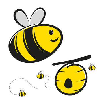 Honey Bee And Bee Hive Cartoon