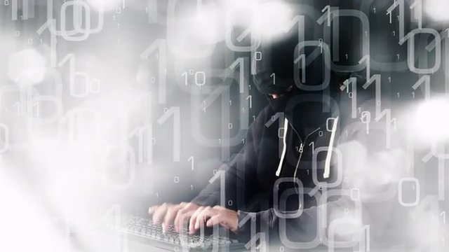 Futuristic hacker typing on keyboard, animated binary code background 4k