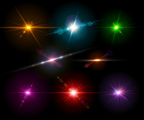 Set realistic light glare, highlight. Lighting effects, flash