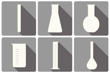 vector set of laboratory glassware flat icons: tubing, beaker, measurement glass