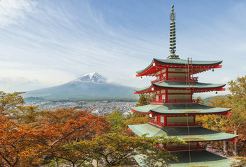 Travel destination - Mt. Fuji with red pagoda in Spring, Fujiyos