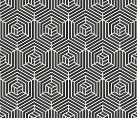 Vector Seamless  Black and White Stripes Line Geometric Hexagonal Optical Illusion Pattern