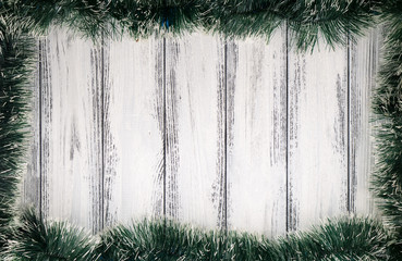 New year theme christmas tree decoration on white retro stylized wood background