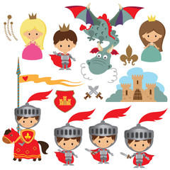 Knight, princess and dragon vector illustration © primus44