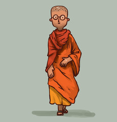 Vector Buddhist monk young, walking. Cartoon image of a young bald Buddhist monk wearing glasses in an orange kasaya on a light gray background.