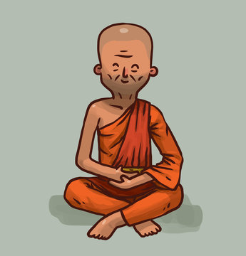 Vector Buddhist monk old. Cartoon image of an old bald Buddhist monk in an orange kasaya sitting and meditating in the lotus position on a light gray background.
