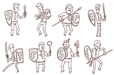 Vector line cartoon image of the eight men in the office dressed with shields with different currencies signs on them and with various melee weapons in the hands on a white background.