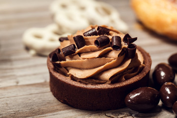 Mousse cake on a rustic wooden table