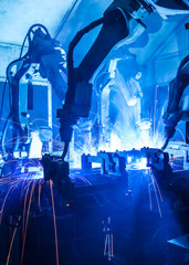  Welding robots movement in a car factory