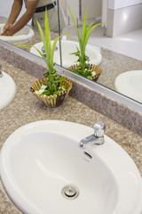 rose handicraft and washbasin in restroom