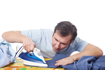 Man ironing shirt isolated