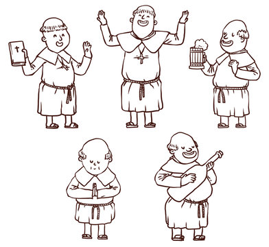 Vector Monks set, line art. Line cartoon image of the five bald monks in cassocks in various poses on a white background.