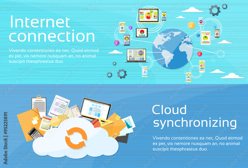 Poster Internet Connection Cloud Synchronizing Computer Device Network Web Banner Set
