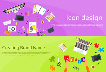 Logo Icon Designer Drawing Desk Workspace Brand Name Concept Creative Businessman