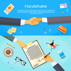 Handshake Businessman Contract Sign Up Paper Document, Business Man Hands Shake Pen Signature Office Desk Web Banner
