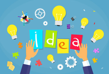 New Business Idea Concept Businessman Hands Desk Light Bulb