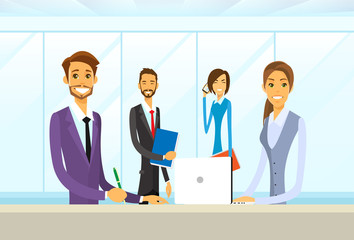 Business People Group Sitting at Office Desk Flat