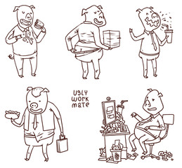Vector Ugly work mates set, line art. Line cartoon image of ugly work mates as pigs in office suits with different attributes and in various poses on a white background.