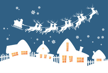 Fototapeta na wymiar Santa Claus Sleigh Reindeer Fly Sky over House Christmas New Year Card