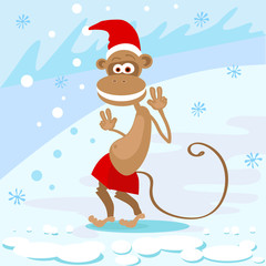 Monkey Happy Smile Wear Santa Hat Show Peace Two Fingers New Year Sign Asian Horoscope Merry Christmas