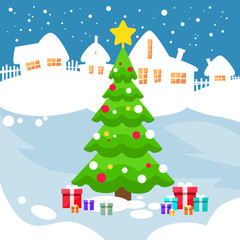 Naklejka premium Christmas Green Pine Tree Snow House New Year Card