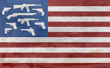 american flag with guns instead of stars on wood grain