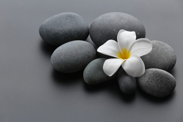 Fototapeta na wymiar Spa stones with flower on gray background