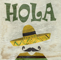 man with sombrero sign on wood grain texture