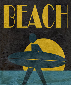 beach surfing design with wood grain texture