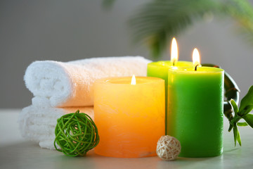 Fototapeta premium Beautiful spa composition on wooden table