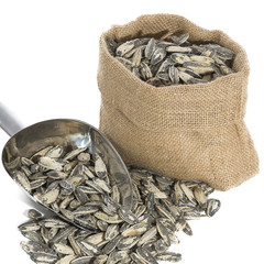 Sunflower seeds with measuring scoop on white background