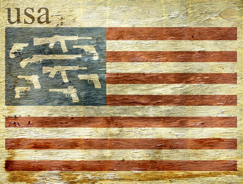 american flag with guns on wood grain