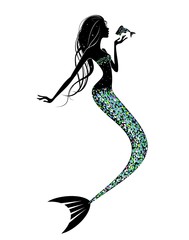 Русалка с рыбкой изолированная на белом фоне